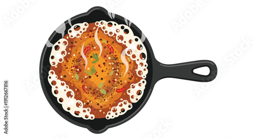 Vibrant aromatic simmering stew in a rustic cast iron skillet with steam rising