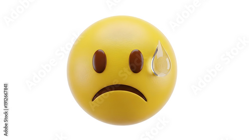 Sad yellow emoji with sweat drop on face expressing stress on transparent background