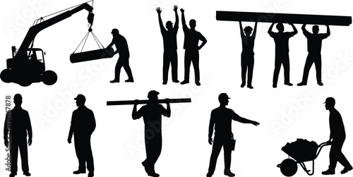 Construction workers silhouette set showing teamwork, heavy lifting, crane operation, industrial labor activities isolated on white background vector illustration collection
