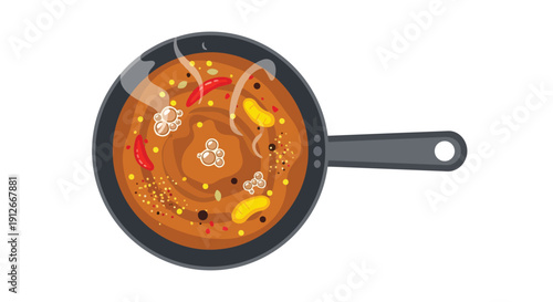 Vibrant culinary creation simmering in a sleek dark pan with aromatic spices and fresh ingredients, generating steam as it cooks to perfection a