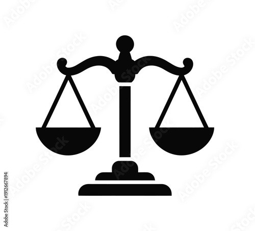 Black silhouette of a balance scale symbol, vector icon for top ranked justice-themed visuals, legal app interfaces, courtroom signage, business ethics graphics, educational materials