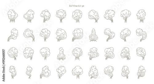 a versatile collection of line art smoke and steam vector icons illustrating rising vapor heat and aroma for uiux game assets and infographic design.