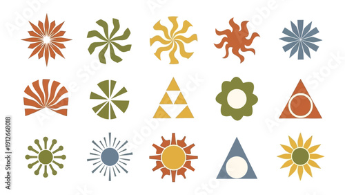 a versatile collection of mid-century modern abstract graphic elements and flat vector shapes featuring stylized suns flowers and geometric patterns for branding and digital design projects.