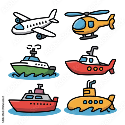 Cartoon Transportation Collection: A vibrant cartoon illustration showcases a fleet of transportation vehicles, perfect for conveying movement and travel concepts.
