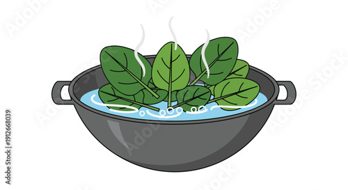 Vivid illustration of vibrant green spinach leaves gently immersed in boiling water inside a classic grey cooking pot, capturing a fundamental