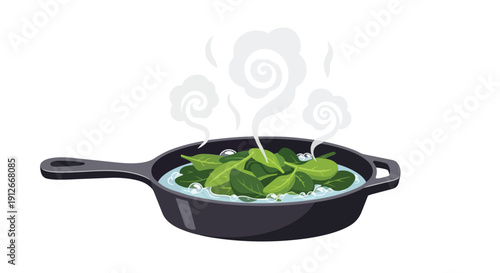 Fresh vibrant green spinach leaves are gently simmering in a dark cast iron skillet with effervescent steam rising gracefully from the healthy