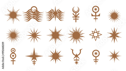 a diverse set of mystical celestial symbols featuring suns stars and esoteric alchemical signs ideal for spiritual and occult design projects