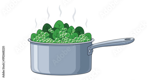 A vibrant illustration of fresh green peas and spinach steaming gently in a saucepan ready for a wholesome meal