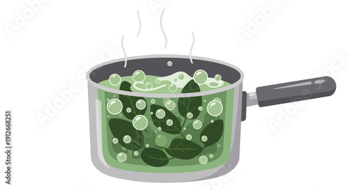 Illustration of verdant leaves gently simmering in a bubbling pot on a pristine white background, showcasing a fundamental cooking technique for