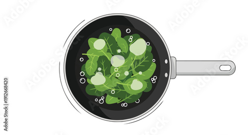 Vibrant overhead illustration of fresh green leafy vegetables being gently cooked in a sleek dark pan with delicate water bubbles, symbolizing