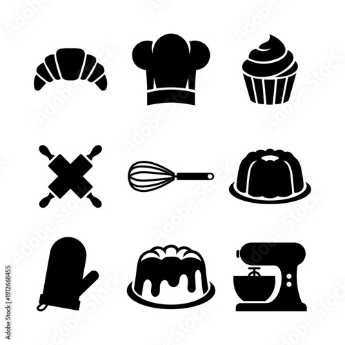 Bakery Icons Vector Set – Croissant, Chef Hat, Cupcake, Whisk, Rolling Pin & Baking Essentials, Clean Minimal Line Art, Scalable SVG, Commercial Use