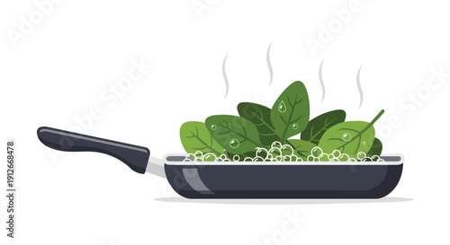 Vibrant fresh green spinach leaves gently cooking in a hot sizzling black frying pan, emitting light steam and effervescent bubbles, signifying a