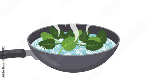 Steaming fresh green spinach leaves gently simmering in a dark pan filled with water, preparing a healthy meal with vibrant cooked vegetables.