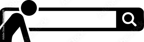 Person leaning into giant search bar icon silhouette isolated on white background minimalist web search and data discovery illustration