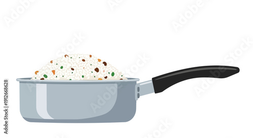 A simple vector illustration of a saucepan filled with fluffy cooked rice featuring colorful mixed vegetables on a clean white background minimal