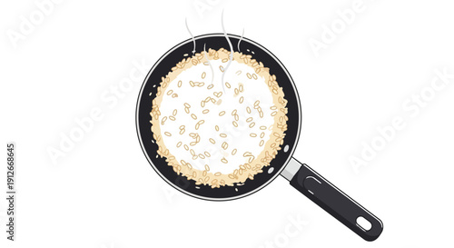 A minimalist illustration showcasing wholesome grains gently simmering in a sleek non-stick frying pan, radiating warmth and culinary anticipation