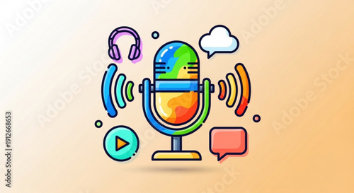 Colorful podcast microphone with globe headphones play button and speech bubbles on orange background