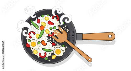 Vibrant stir-fried rice with sunny-side up eggs and fresh mixed vegetables prepared in a classic kitchen pan creating a delicious, steaming culinary