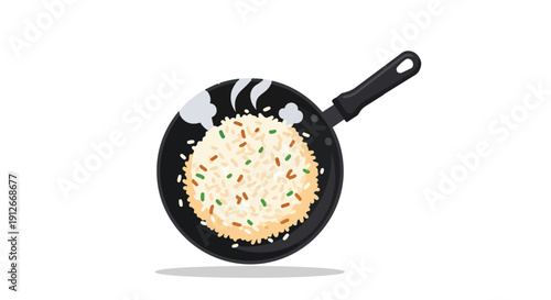 Hot fried rice gently steams in a black cooking pan, a comforting homemade Asian meal, showcasing delightful flavors and simple preparation skill