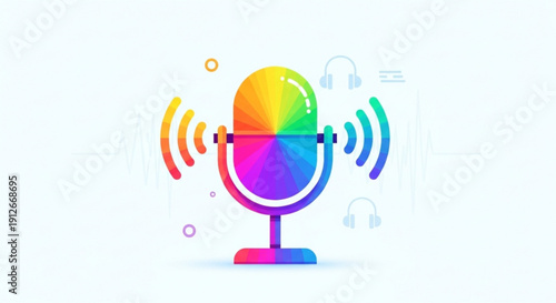 Colorful microphone with rainbow sound waves and headphones on white background for podcasting and broadcasting