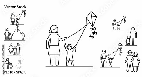 Family Flying Kite Outdoors: Mother and Child Enjoying Leisure Activity
