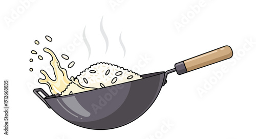 Dynamic illustration of a wok stir-frying rice with a vigorous splash of sauce and steam rising