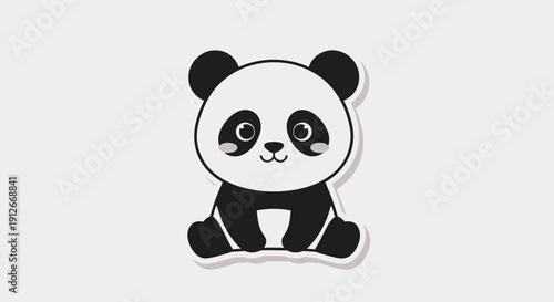 Cute cartoon panda illustration, sitting, black and white, kawaii style, isolated on gray background