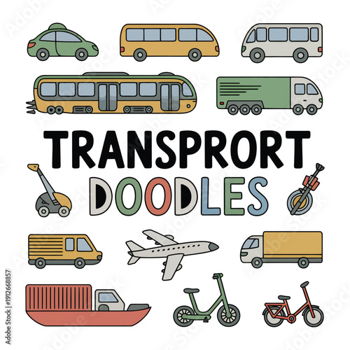 Transport Doodles: A delightful collection of playful illustrations showcases a vibrant array of transport vehicles, bringing a sense of movement and adventure.