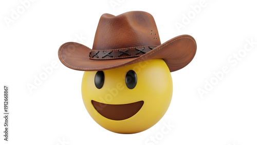 Smiling yellow emoji wearing a brown cowboy hat on transparent background