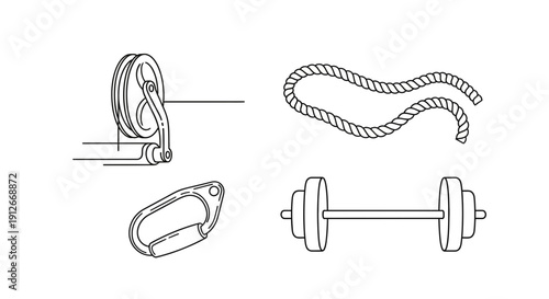Fitness and climbing equipment: dumbbell, rope, carabiner, and pulley