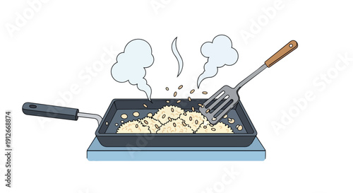 Cartoon depiction of grains cooking in a hot pan with steam and a spatula stirring a delightful meal