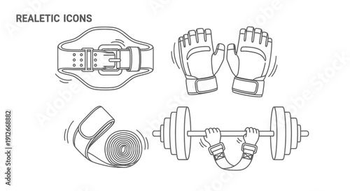 Fitness and Weightlifting Gear Icons: Belt, Gloves, Wraps, Dumbbell