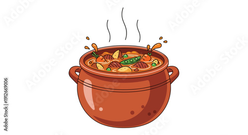 Captivating cartoon illustration of a bubbling hot stew, filled with nutritious vegetables and tender meat, presented in a rustic pot, emitting