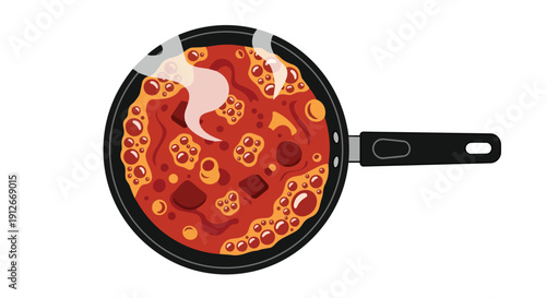Top-down view of a black pan vigorously simmering a rich, chunky red-orange sauce. Dynamic bubbles and rising steam suggest a flavorful, active