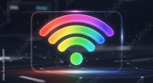Rainbow wifi symbol glowing brightly on a dark background with neon lights and futuristic ambiance