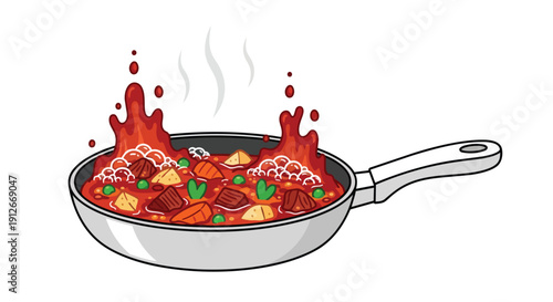 Vibrant cartoon illustration depicting a delicious bubbling hot stew with vegetables and meat in a cooking pan prepared with care