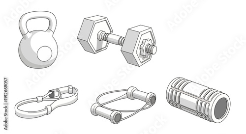 Fitness Equipment Set: Kettlebell, Dumbbell, Resistance Bands, Foam Roller Icons