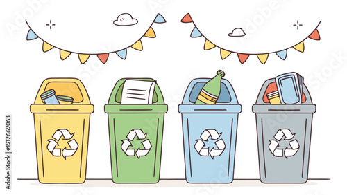 Colorful recycling bins with party items overflow depicted in a flat silhouette high quality professional detailed