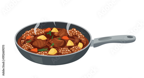 Hearty simmering stew in a pan a comforting and robust meal prepared with fresh ingredients showing rising steam from the hot delicious dish ready