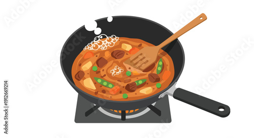 Hearty vegetable and meat stew bubbling in a wok, prepared on a stove for a delicious home-cooked meal vector graphic