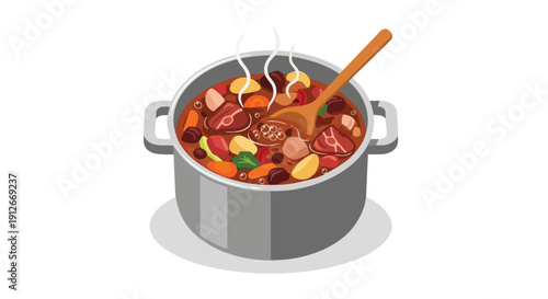A bubbling and steaming hearty stew filled with tender meat chunks and fresh garden vegetables prepared in a classic kitchen pot