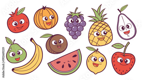 Cartoon illustration of various smiling fruits including apples bananas and grapes silhouette high quality professional detailed