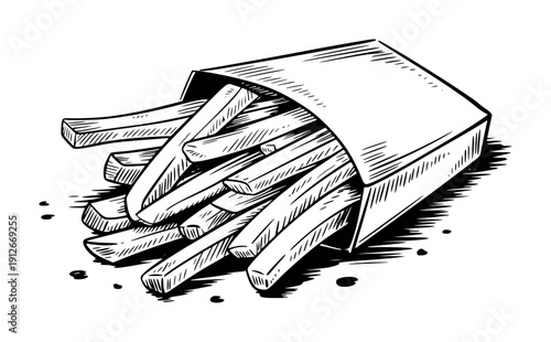 Hand drawn of french fries in a paper carton with hatching detail food