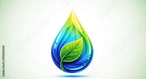 Eco friendly water droplet icon with green leaf inside symbolizing sustainability and environmental conservation digital illustration blue and green gradient