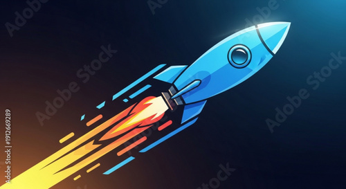Blue rocket ship blasting off into space with fiery orange and yellow flames and trail