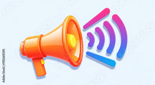 Vibrant orange megaphone with colorful sound waves on light blue background symbolizing announcement and communication