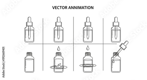 Dropper Bottle Animation Sequence: Liquid Drop, Splash, and Pipette Action