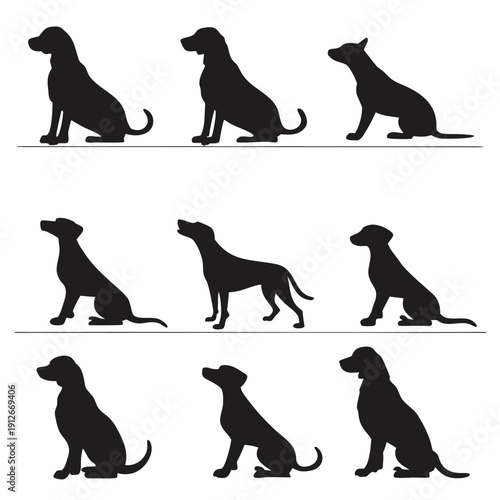 A collection of nine dog silhouettes in varying poses and breeds presented in black high quality