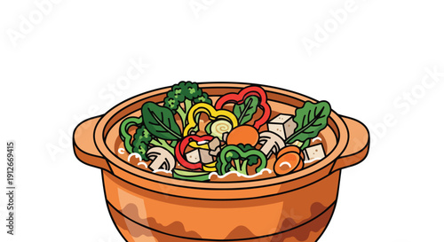 A vibrant, nutritious cartoon illustration of a hearty vegetable stew with fresh ingredients in a rustic pot.