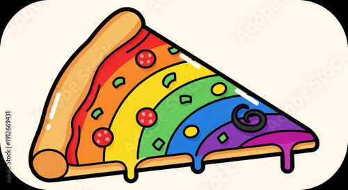 Colorful rainbow pizza slice with melting cheese and toppings on a beige background